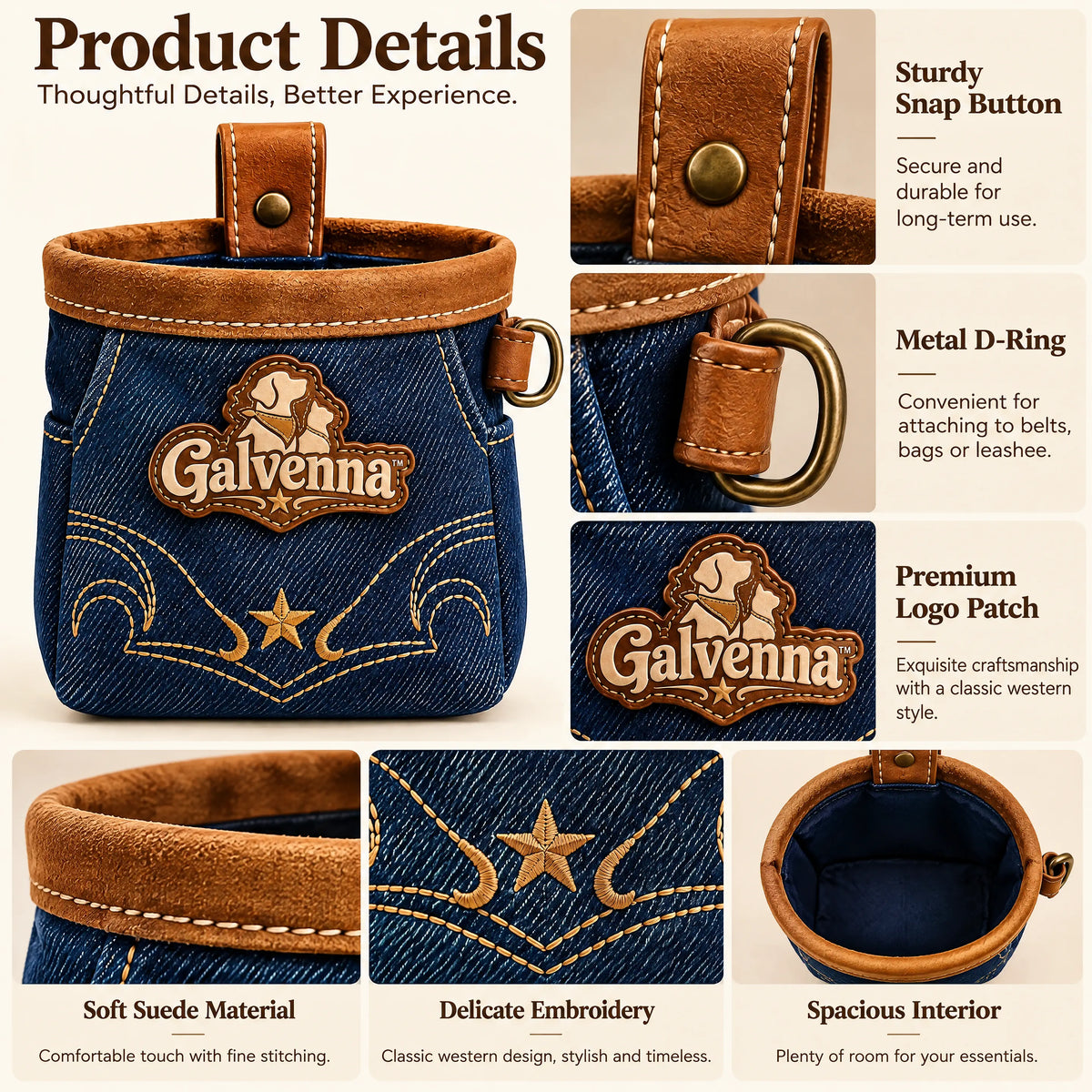 Galvenna™ Leather-Trim Denim Dog Leash